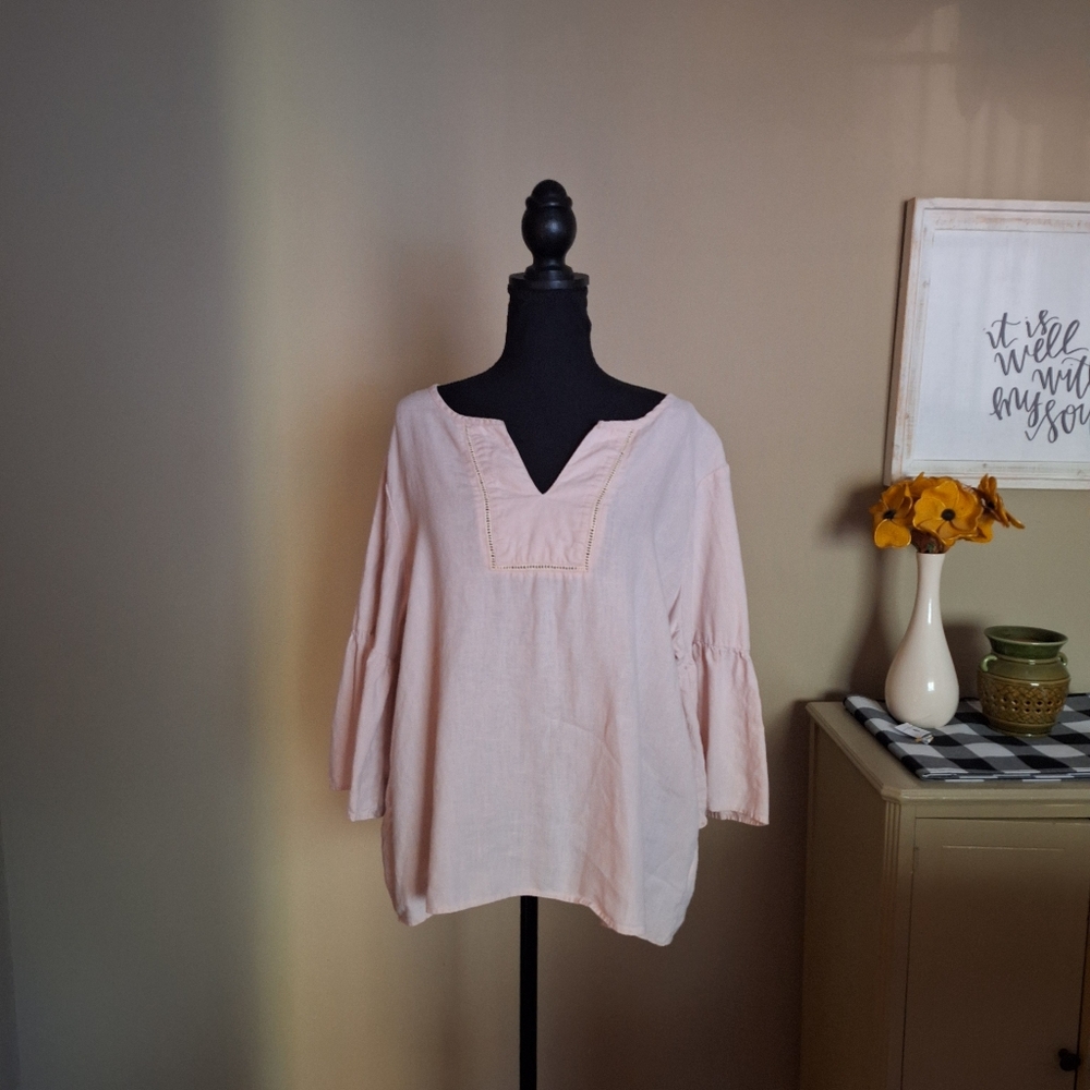 100% linen Ellen Tracy pink boho ruffle bell 3/4 sleeve loose fit XL